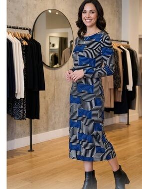 **Geometric Blue & Black Women's Midi Dress* buy 3 marked items for $25